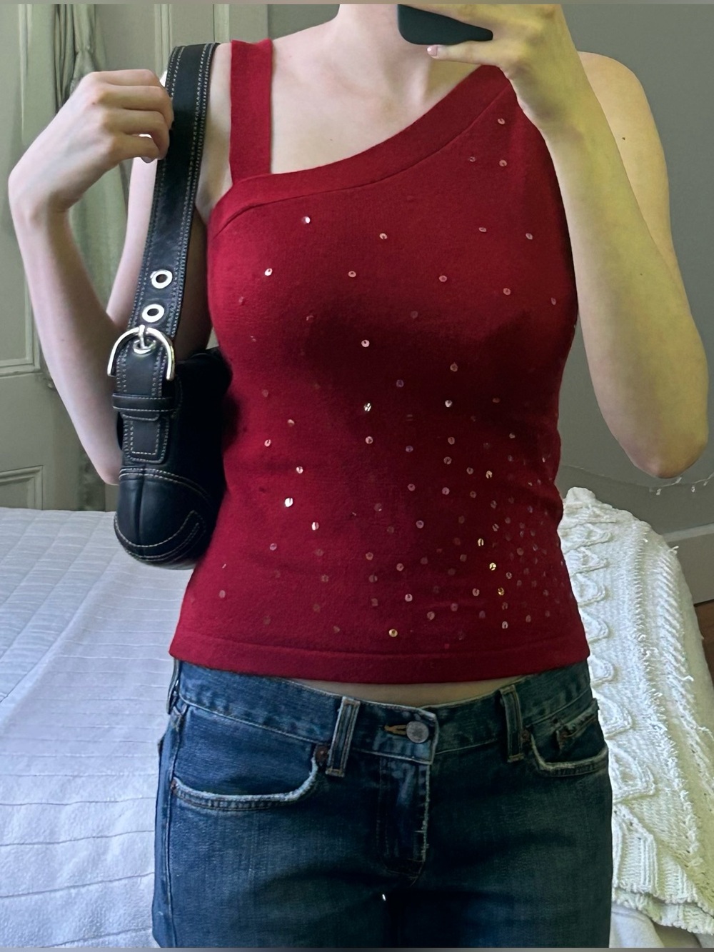 y2k express red one-shoulder knit top with sequins